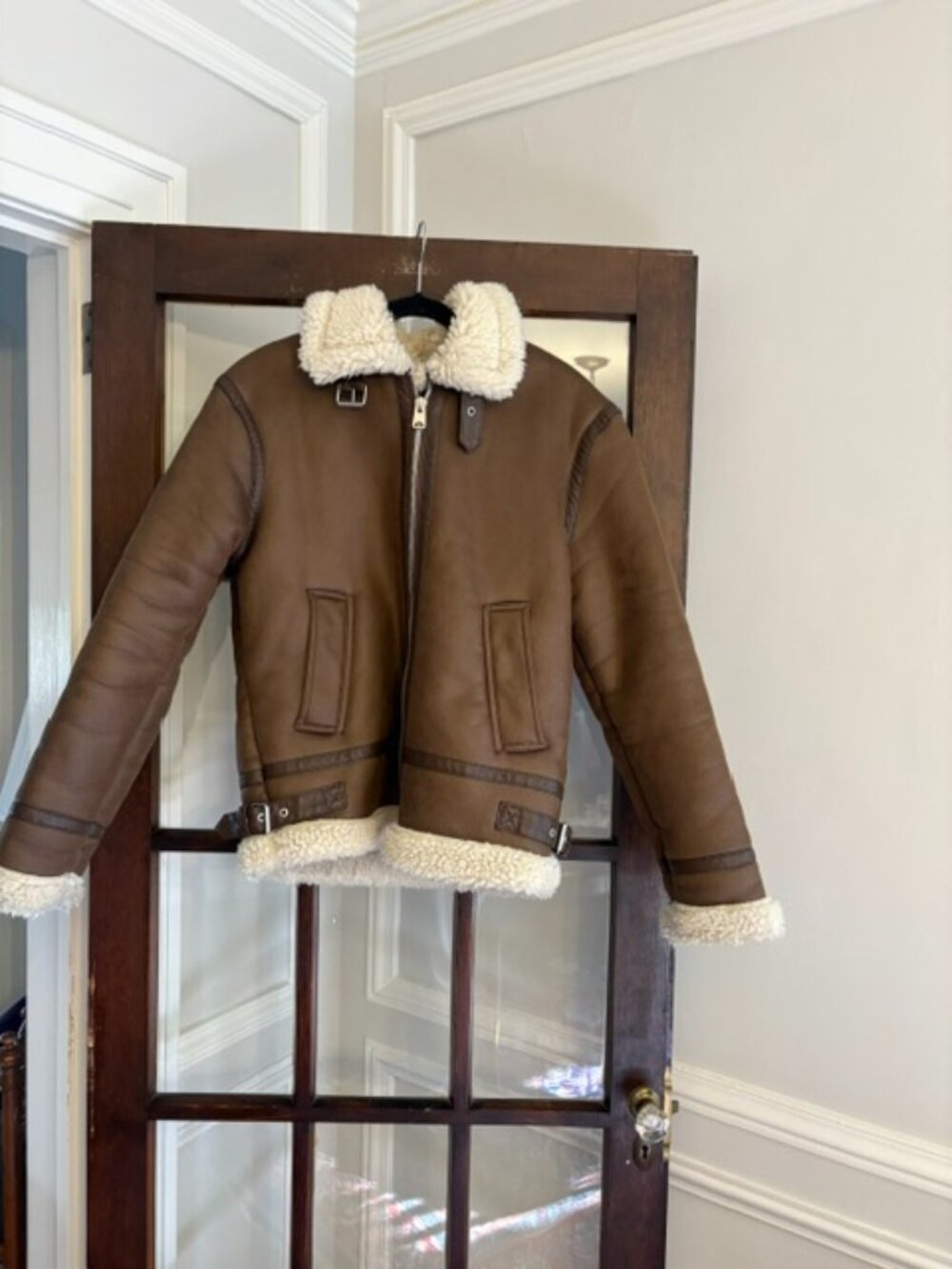Zara Faux Shearling Aviator Jacket in Brown, Size Small
